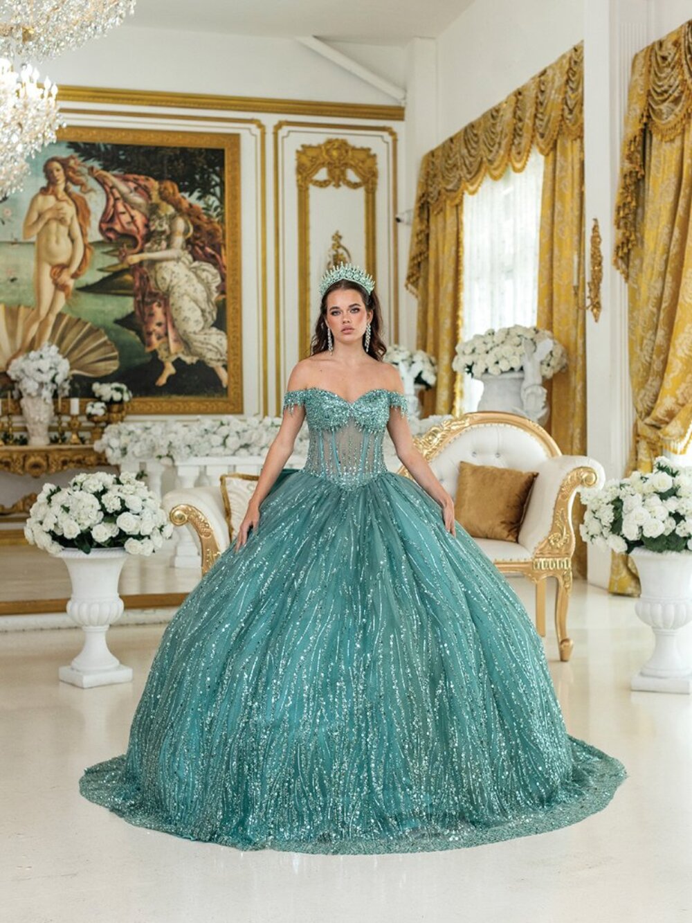 NEW SAGE Sequin & Beaded Off Shoulder Quinceanera Ball Gown 1982
